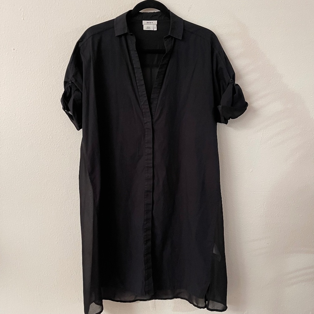 DKNY Women's Black Button-Up Collared Cotton Mesh Midi Shirt Dress XS X-Small
